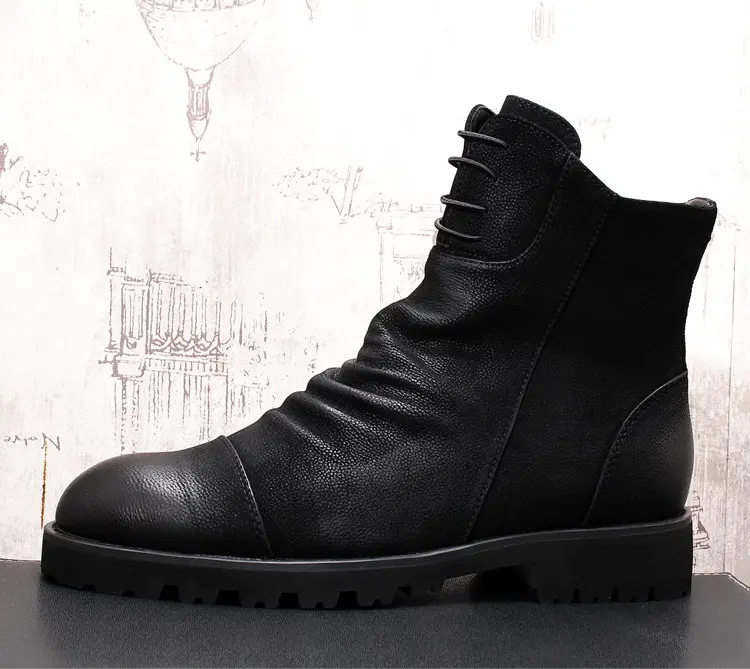 

New Arrival Mens Black Work Boots Designer Round Toe Lace Up Short Ankle Boots For Man Pleated Motorcycle Boots Size 38-43