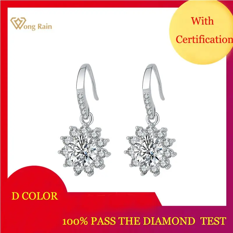 

Wong Rain 925 Sterling Silver Round Cut Real Moissanite Diamonds Gemstone Wedding Engagement Drop Dangle Earrings Fine Jewelry
