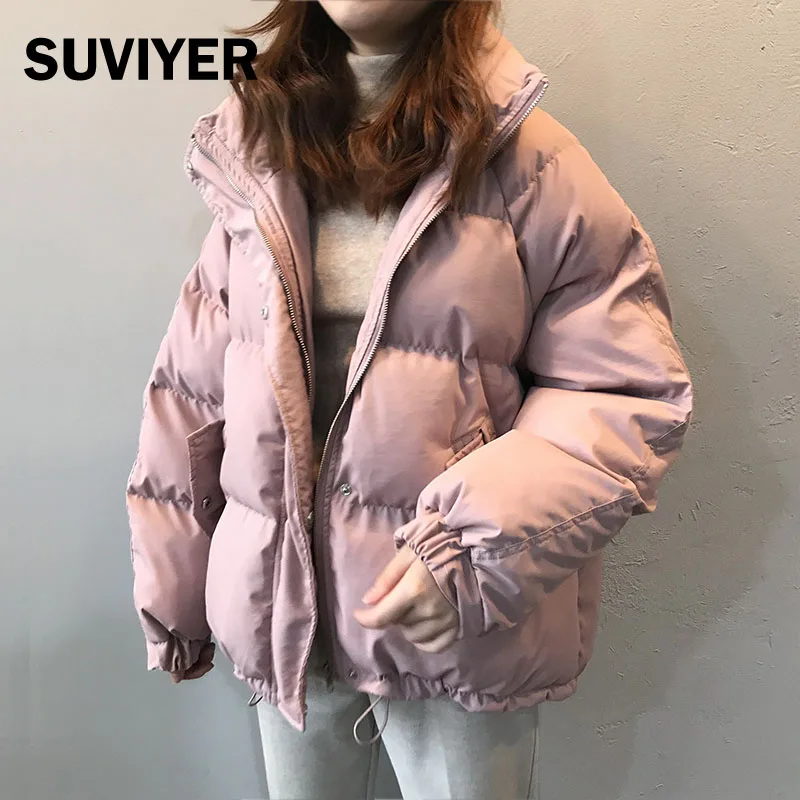 

[SUVIYER] News Winter Jacket Women 2021 Cotton Thick Long Sleeve Coat Women Pink And Beige Fashion Parka Stand-up Collar Warm