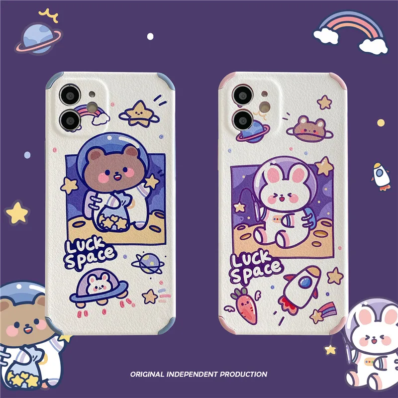 

Spining Around Space Little Bunny Bear Astronaut Phone Cases For iPhone 12 11 Pro Max Mini X XR Anti-Fall Back Cover