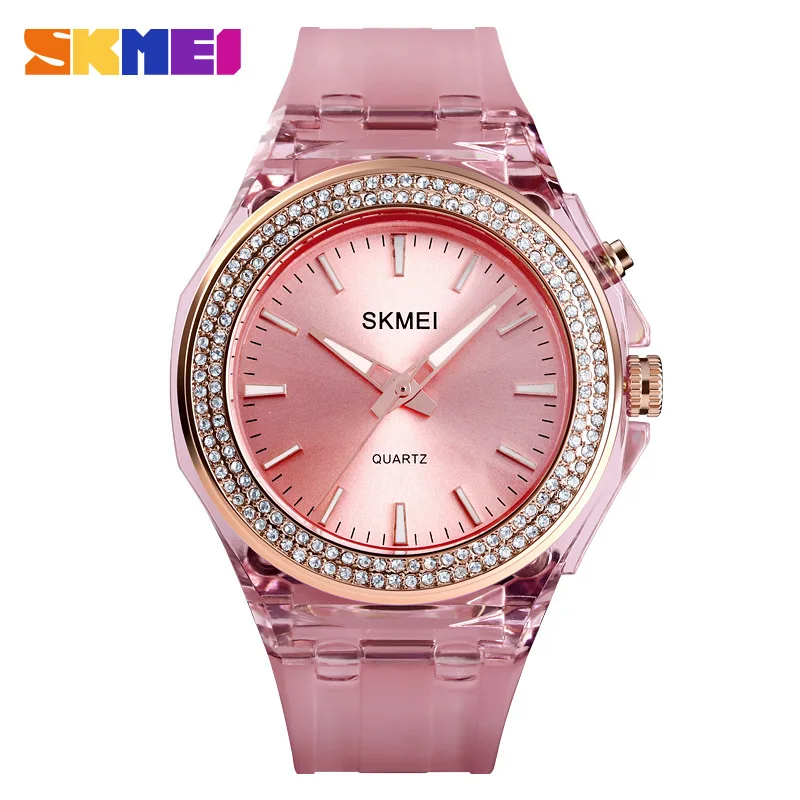 pink SKMEI кварцевый Для женщин часы модные креативные горный хрусталь инкрустированные часы светодиодный свет прозрачный чехол с ремешком женские кварцевые часы женские часы - Цвет: pink