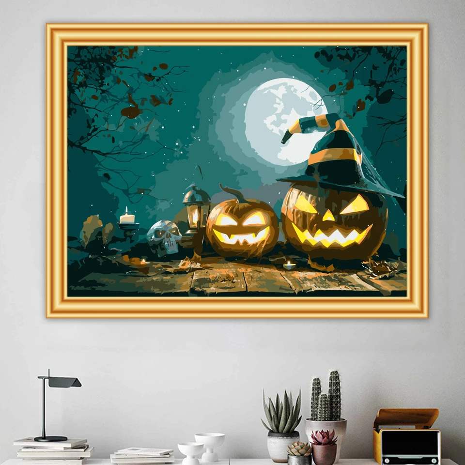 Oil Painting By Numbers Halloween Gift Pumpkin For Adults Kids DIY Color Art Picture Kit On Canvas Draw Acrylic Paint Crafts | Дом и сад