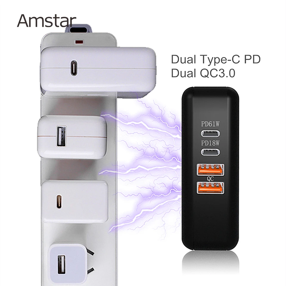 Amstar 61 Вт двойной USB C type-C PD быстрое зарядное устройство для MacBook Pro Air huawei hp ноутбук планшет двойной Quick Charge 3,0 адаптер питания