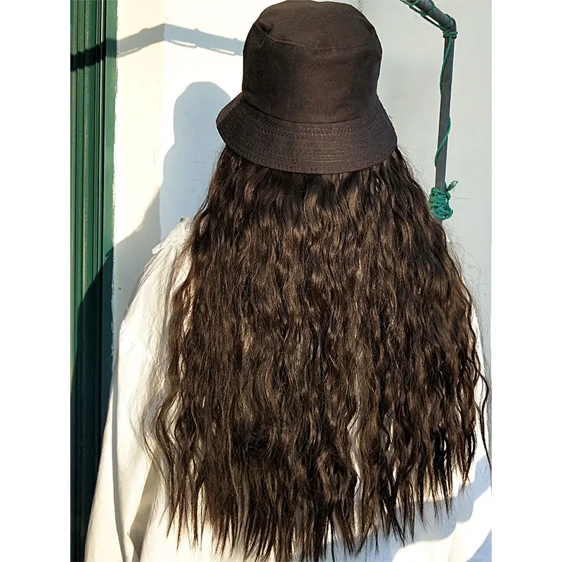 Fashion one-piece intergrated women's long natural  kinky curly synthetic hair wig and bucket hats sun cap with hair