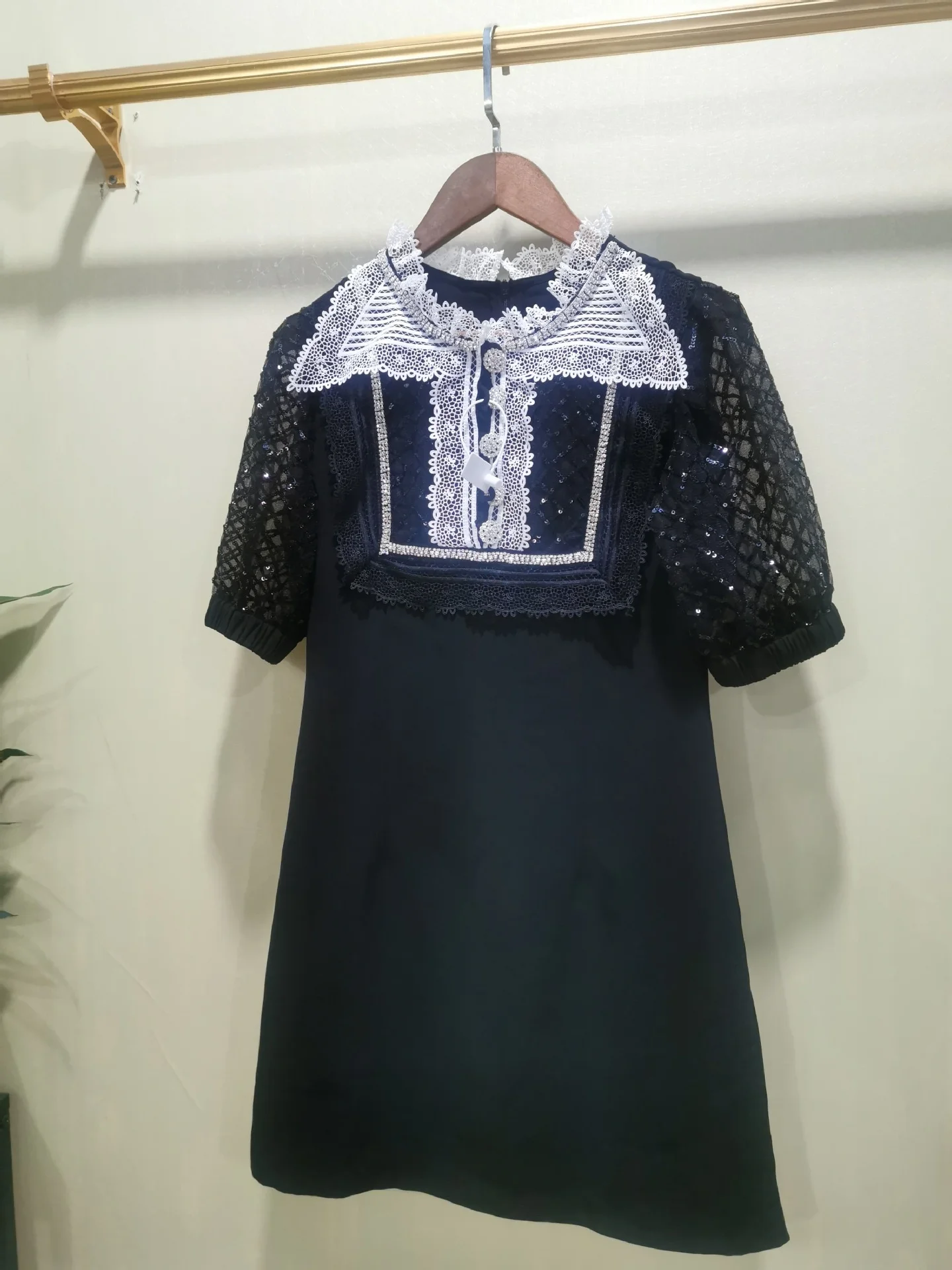 

Women's Black Lace Dress Puff Sleeve Elegant Party Diamond Short Mini Casual Dress