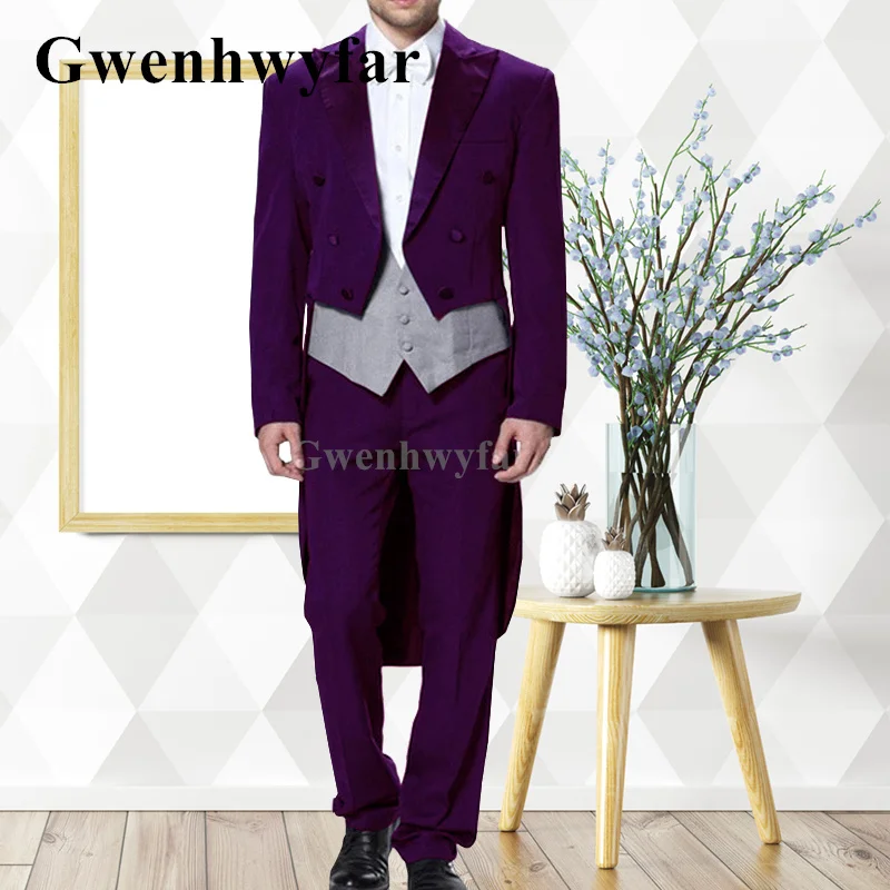 

Gwenhwyfar New Style Men's Long Jacket Tuxedo Handsome Prom Suit Jacket, High-end Custom Purple 3-piece