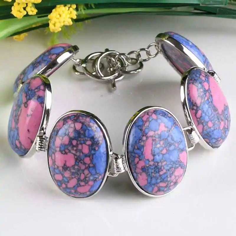 

SUNYIK Rainbow Howlite Turquoise Stone Beads 18KGP Alloy Connector Adjustable Cuff Bracelet Bangle Women Wristband Jewelry