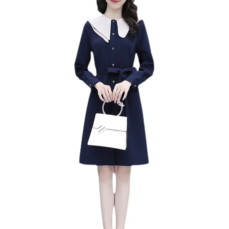 

2021 Spring Blue Preppy Style Vintage Midi Dress Autumn Casual Plus Size Long Sleeve Dress Women Elegant Bodycon Party Vestidos