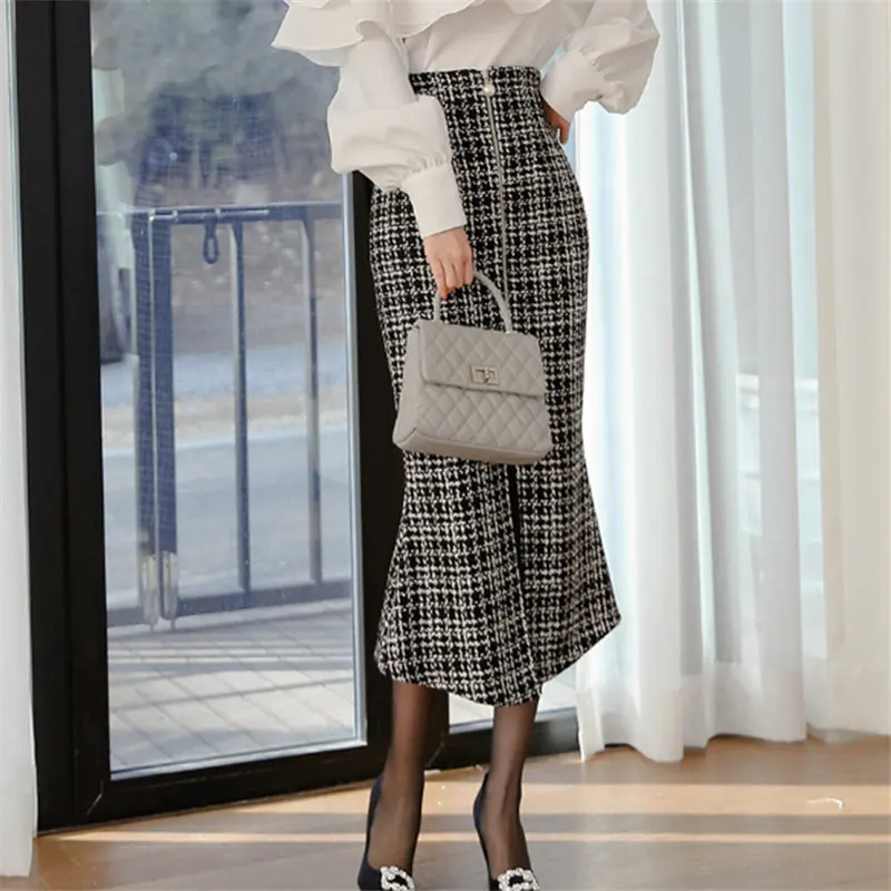 

Hzirip 2020 OL Elegance Women Mermaid Houndstooth Sexy Woolen Streetwear High Waist High Quality Trumpets Vintage Long Skirts