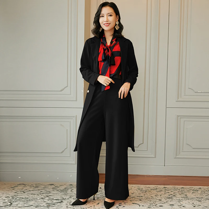 

Ol 3 Piece Set Women Geometric Wide Leg Pants Office Work 3 Piece Set Top And Pants Ensemble Femme Deux Pieces Women's Suit