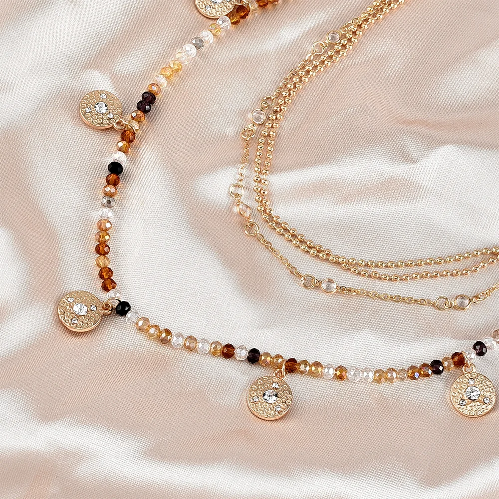 

New 2020 Boho Vintage Gold Necklaces For Women Colored Bead Crystal Pendant Necklace Multilayer Female Jewelry Valentine Gift