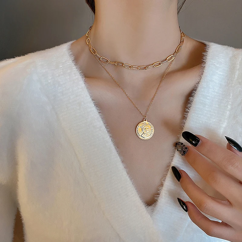 

Double Layer Portrait Coin Pendant Necklace for Women Vintage Gold Color Chain Necklace Cavicle Chain Choker Necklace Jewelry