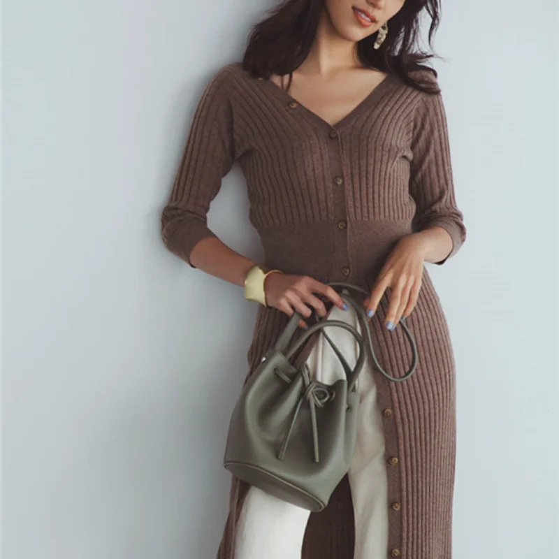 

Elegant V Neck Long Sleeve Dress for Women Simple Solid Knitting All Match Femme Robe Slim Fit Bodycon Sexy A Line Vestidos