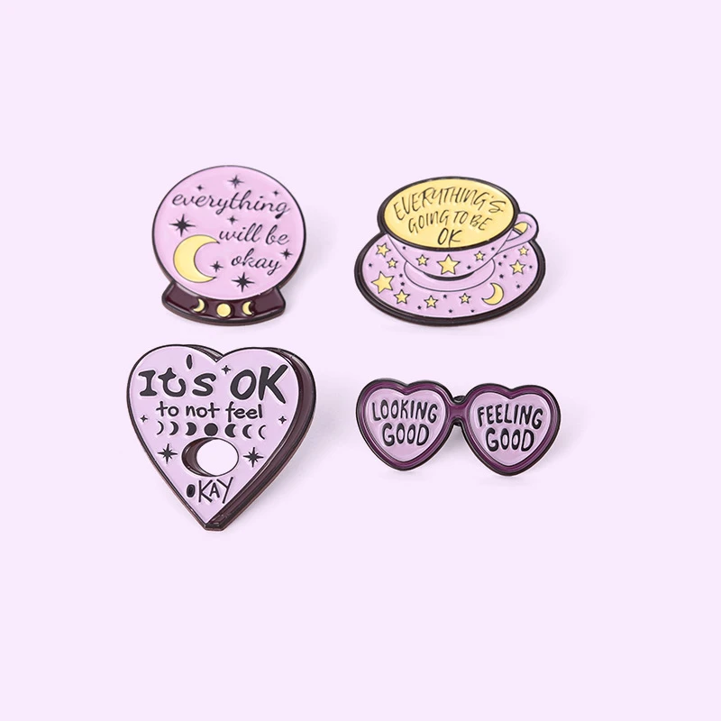 

Fashion Everything will be OK Enamel Pins Custom Sunglass Coffee Crystal Ball Brooch Lapel Badge Bag Jewelry Gift Kids Friends