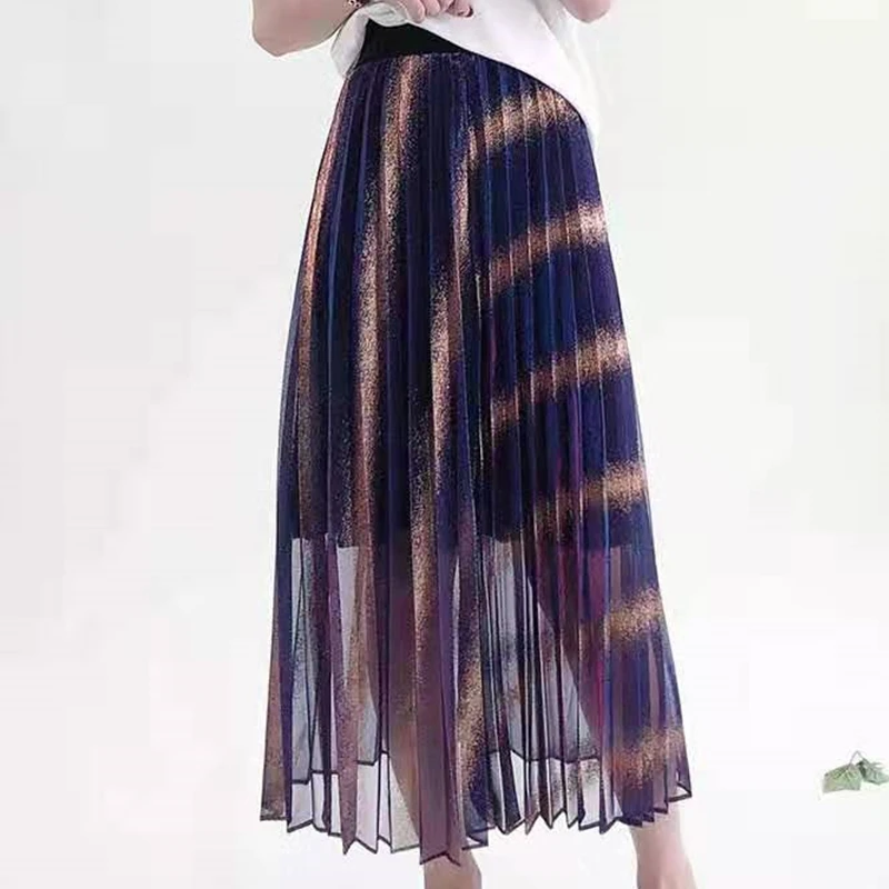 Flectit Pleated Iridescent Long Skirt Metallic Striped Elasticated Waist Flowy Sheer Women 2019 New Fashion Outfits * | Женская одежда