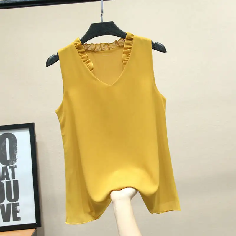 

4XL 5XL Summer Tops Sleeveless Vest Shirt Women V-Neck Plus Size Chiffon Blouse Women Chemisier Femme Sexy Women Blouses C6118