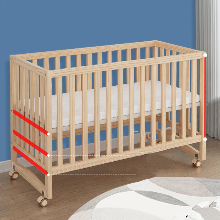 

Baby Crib Stitching Big Bed Newborn Small Bed Solid Wood Unpaint Children's Sleep Movable Cradle With wheels Adjustable Height
