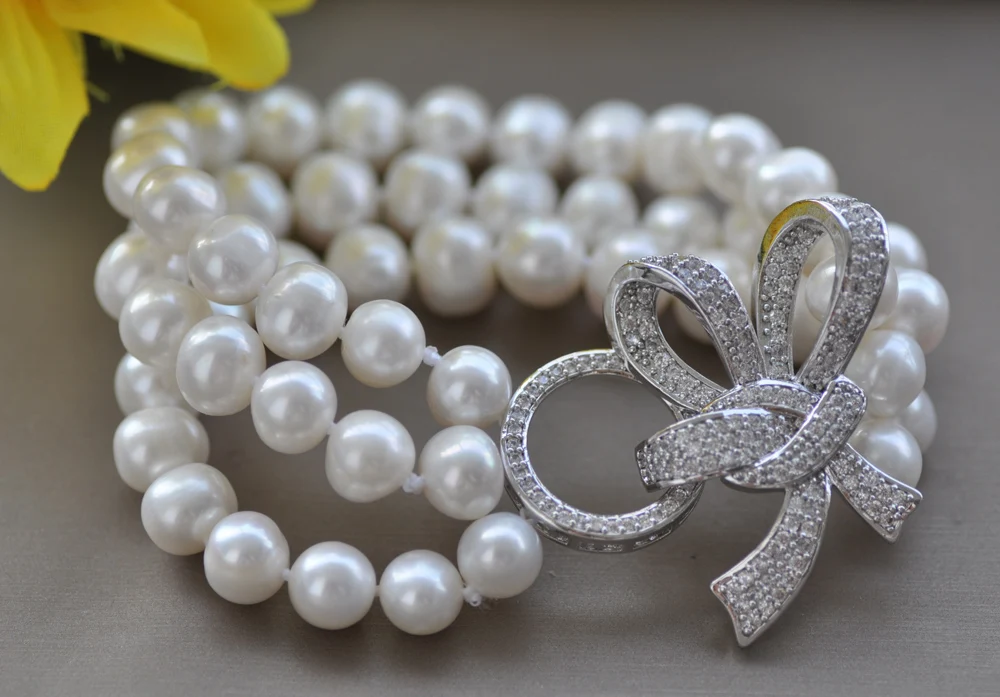 MCT · STAR Z10716 3 ряда 8 дюймов 10 мм белый круглый браслет с пресноводным жемчугом CZ