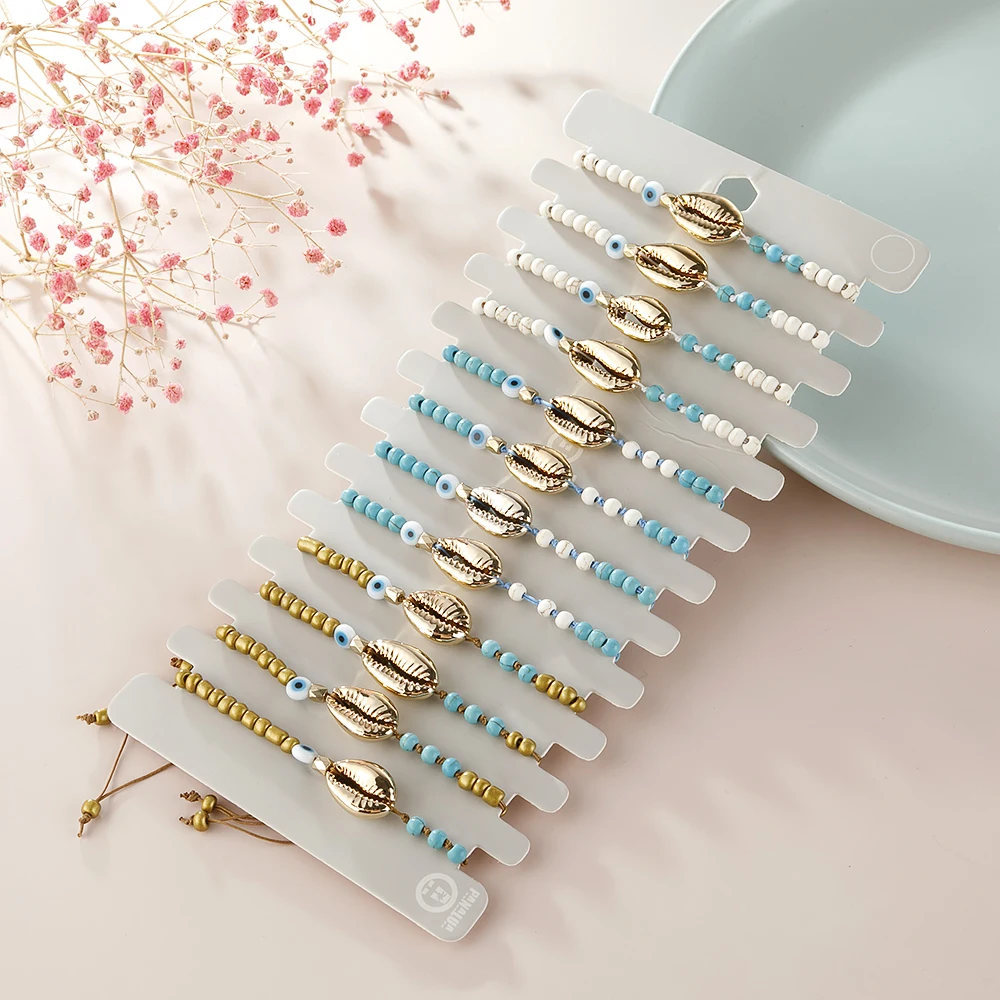 

12 Pcs/card Gold Color Shell Daisy Charms Bracelet Boho Eye Bead Handmade Rope Adjustable Bracelet For Women Men Jewelry Gifts