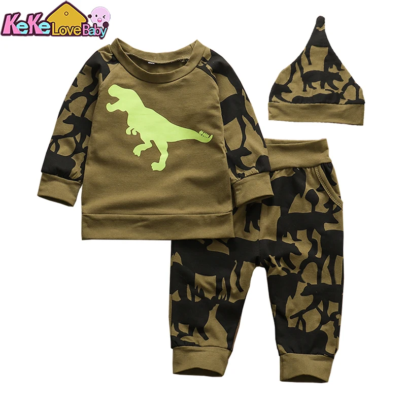 3Pcs Newborn Baby Boys Clothes Set 2020 Autumn Dinosaur Outfits For Girls Top T-shirt Pants Hat Cotton New Born Infant Clothing