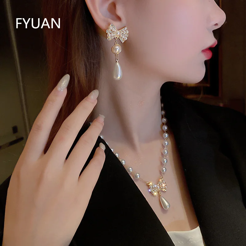 

FYUAN Exquisite Bowknot Rhinestone Necklace Earrings For Women Pearl Weddings Banquet Jewelry Sets