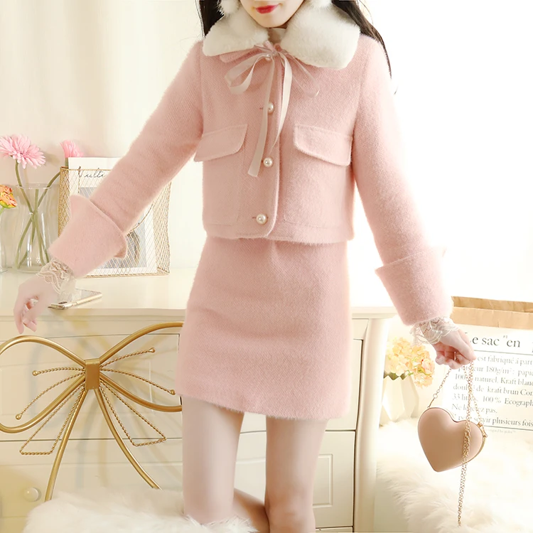 SWEETXUE костюм с мини-юбкой, Воротник из овечьей шерсти, бант, шнуровка, карман, топ+ Однотонная юбка Kawaii, милый комплект из 2 предметов, женский, зима