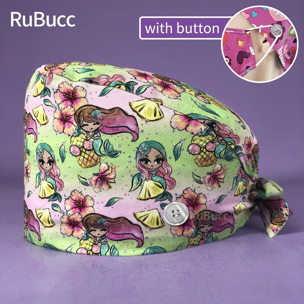 

Dental Clinic Work Hats Tie Back Elastic Pet Grooming Nursing Cap Unisex Cotton Adjustable Scrubs Hats Floral Print Medical Caps
