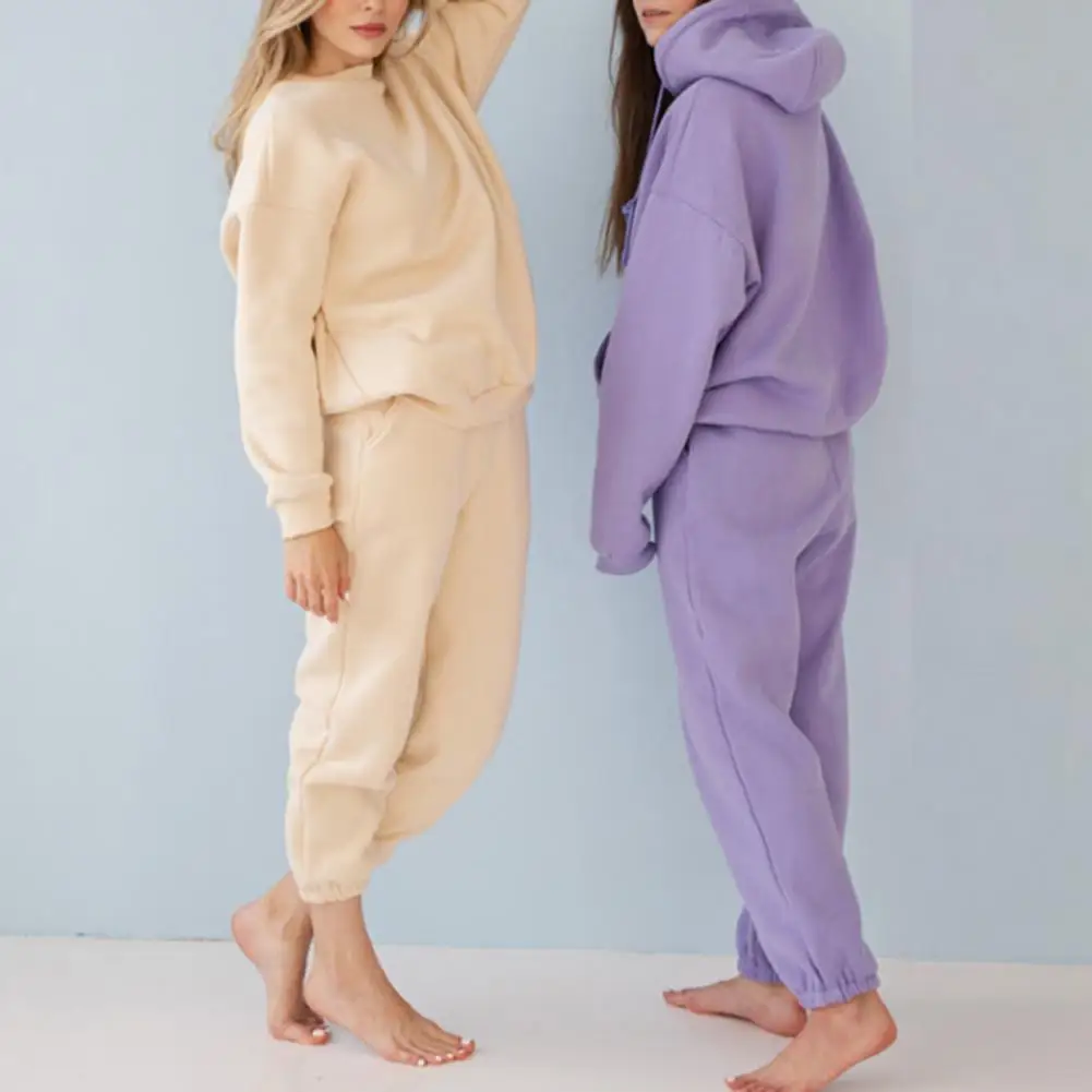 

2Pcs/Set Women Hoodie Drawstring Ribbed Cuff Winter Clothing Solid Color Hooded Sweatshirt Sports Pants Suit for Outdoor