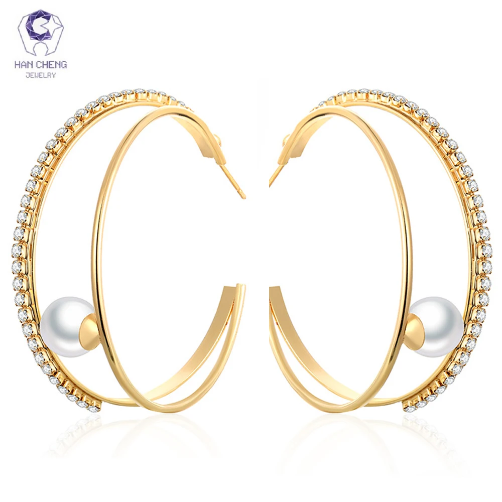 HanCheng Мода Западный стиль Большой Круглый Круг висячие серьги с жемчугом стразы
