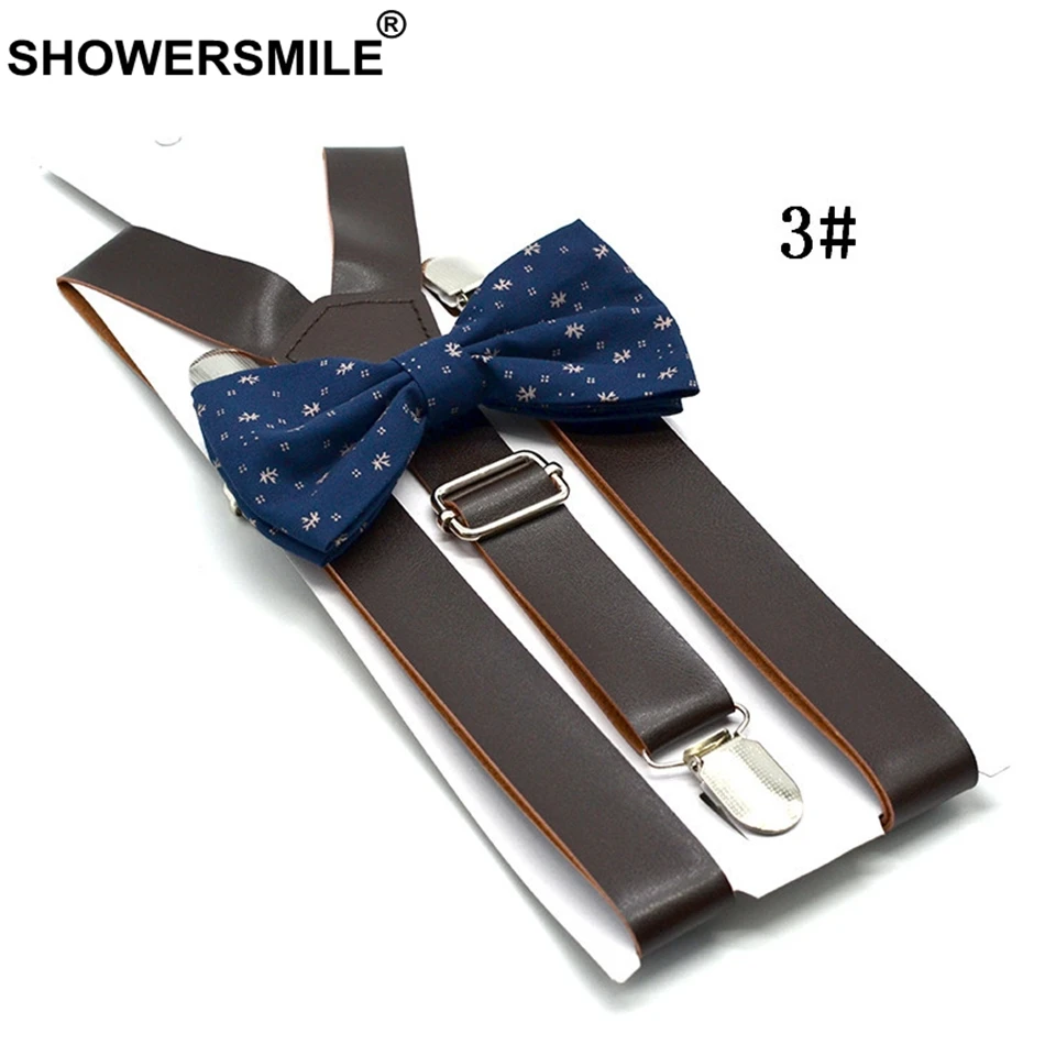 Мужские и женские кожаные подтяжки Shower Smile цвета хаки с галстуком бабочкой