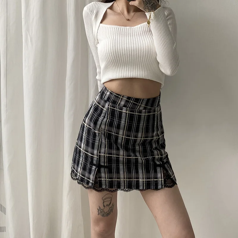 

Women Sexy A-line Plaid Mini Skirts, High Waist Classical Buckle Decor Lace Hem Half Dress