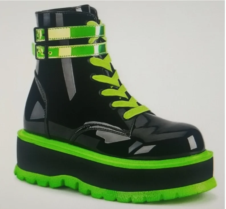 

Brand Design New Goth Shoes Women Platform High Wedges Thick Bottom Punk Street Green Patent PU Trendy Boots Laides