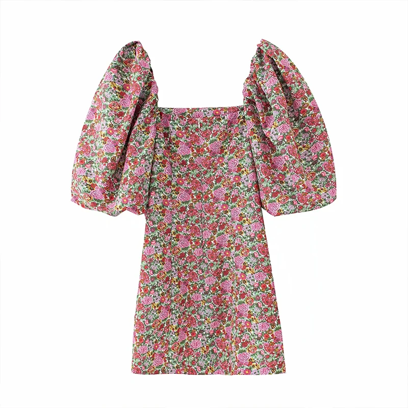 

Women's Dresses Puff Sleeves Mini Dress Mujer Vestidos Short Sleeves Female Robes High Waist Sexy Dress Vintage Floral Printing