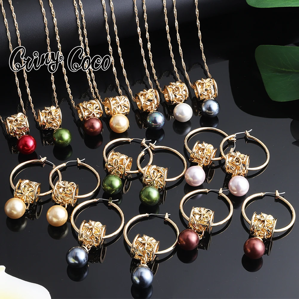 

Cring Coco Jewelry Sets Hawaiian Multi-color Pearl Hoop Earrings Gold Plated Polynesian Plumeria Pendant Necklaces Set for Women