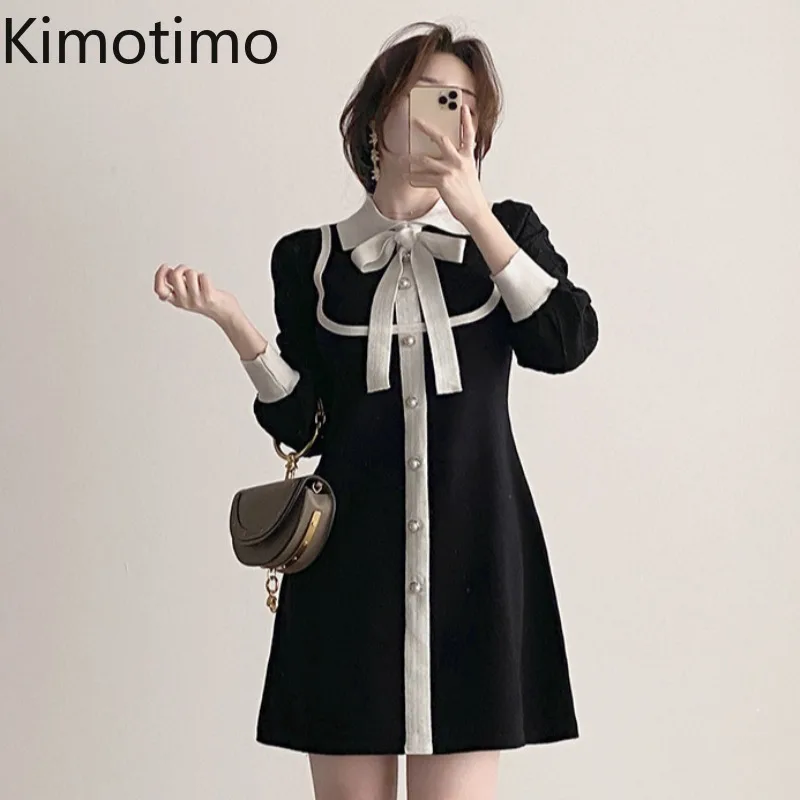 

Трикотажное платье Kimotimo для женщин, корейское шикарное платье в стиле Хепберн с жемчужными пуговицами, бантом, поясом и отложным воротником...