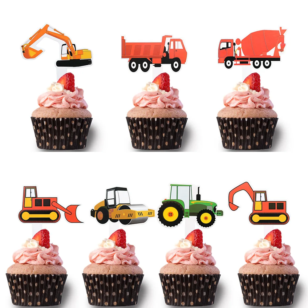 

Construction Vehicle Cake Toppers Excavator CupCake Inserts Flags Dessert Table Decoration Kids Boys Birthday Party Supplies