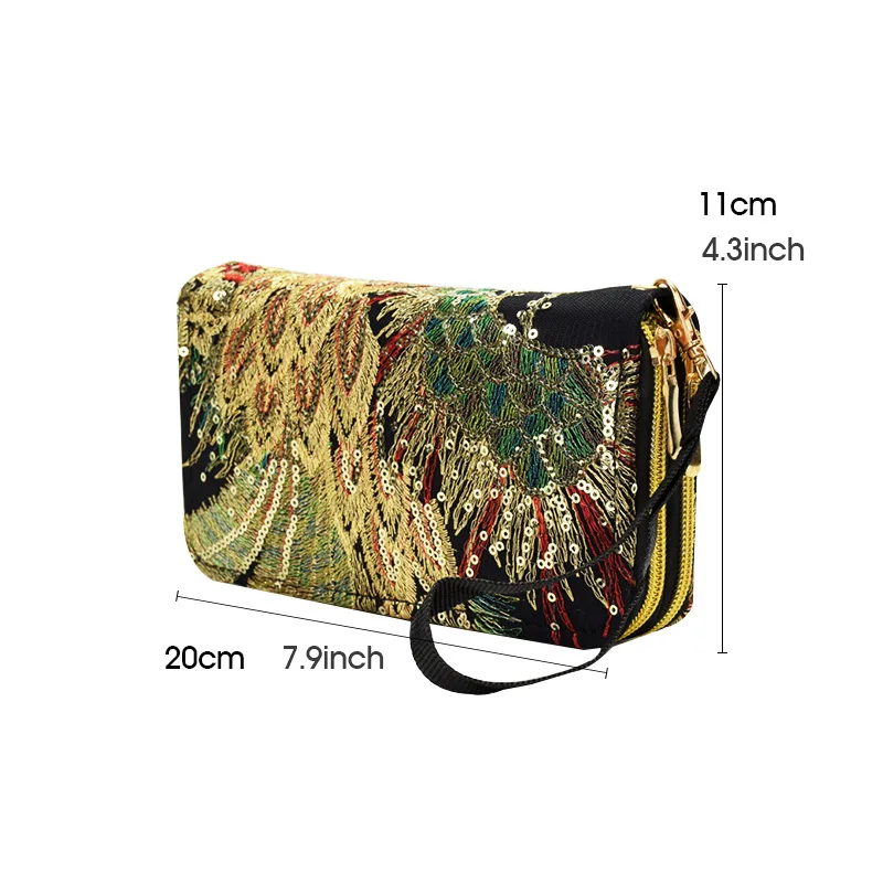 

Women Wallet Long Zipper Coin Purse Designers Luxury Handmade Embroidery Peacock Retro Clutch Wallet Female for Teenager Girl