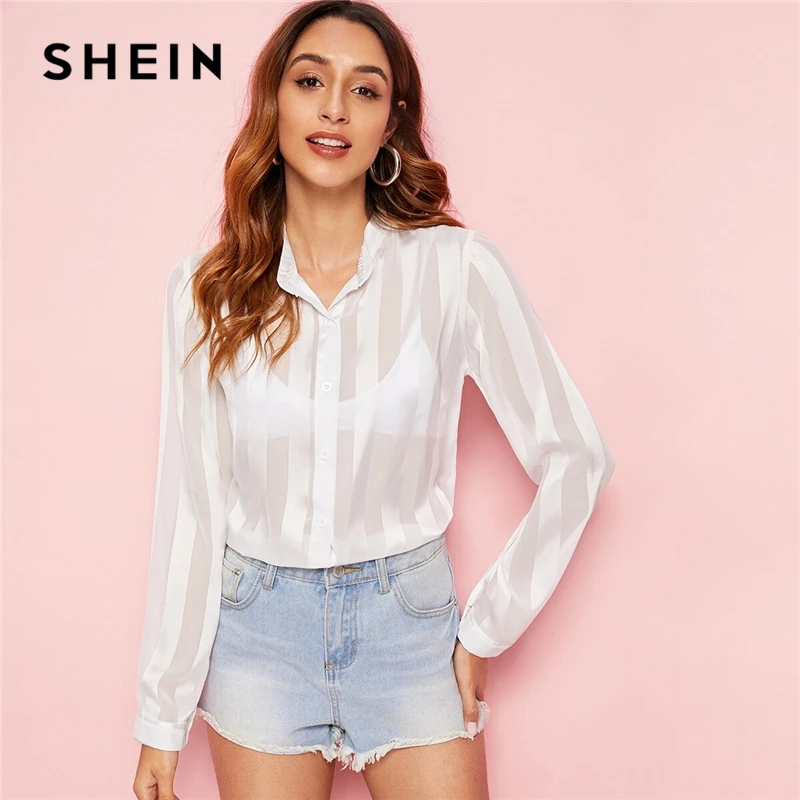 SHEIN белая пуговица спереди полосатая сплошная рубашка блузка женская весна осень длинный рукав отложной воротник повседневные топы и блузки