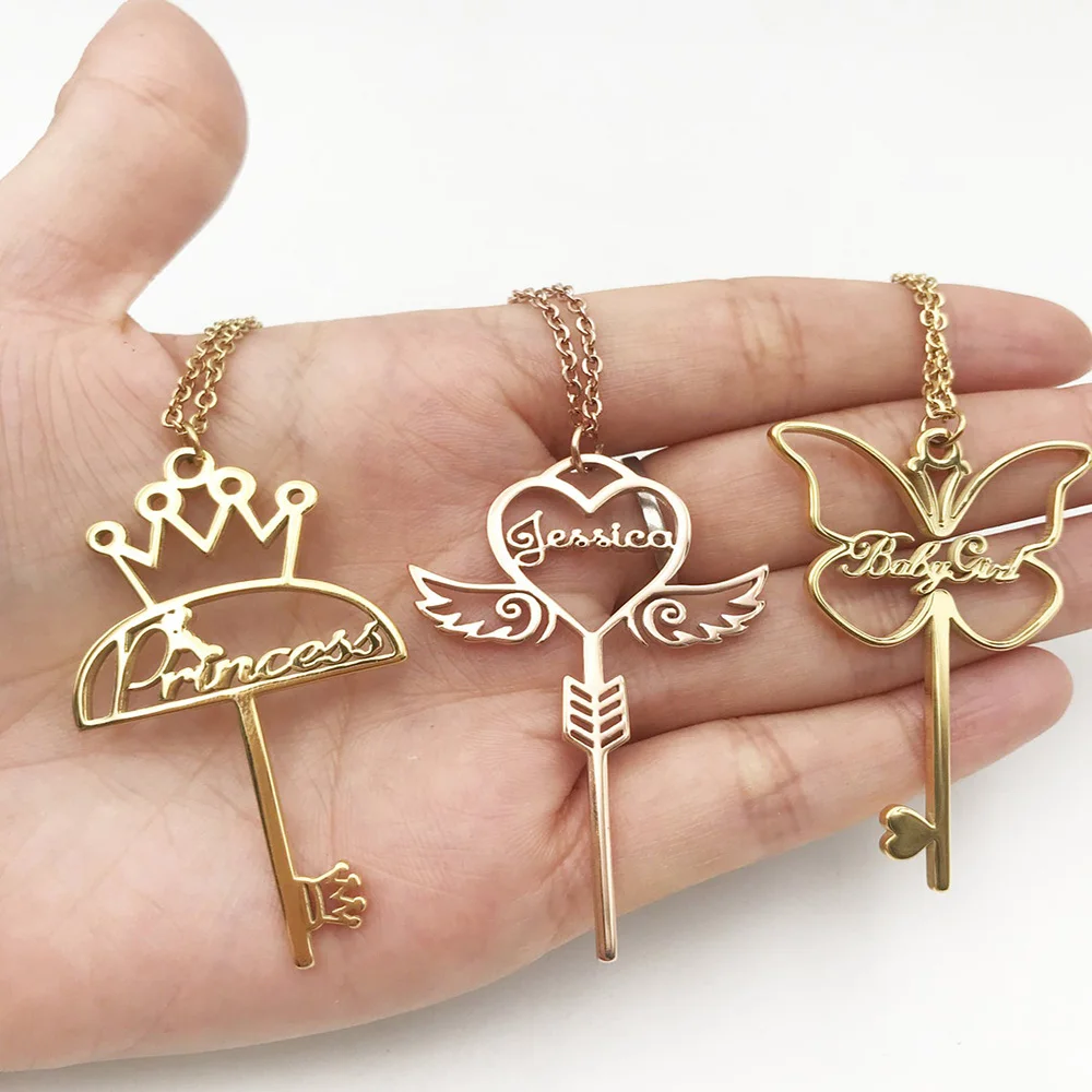 

HUHUI Custom Name Necklace With Butterfly Crown Personalized Key Pendant Stainless Steel Jewelry For Women Girl Anniversary Gift