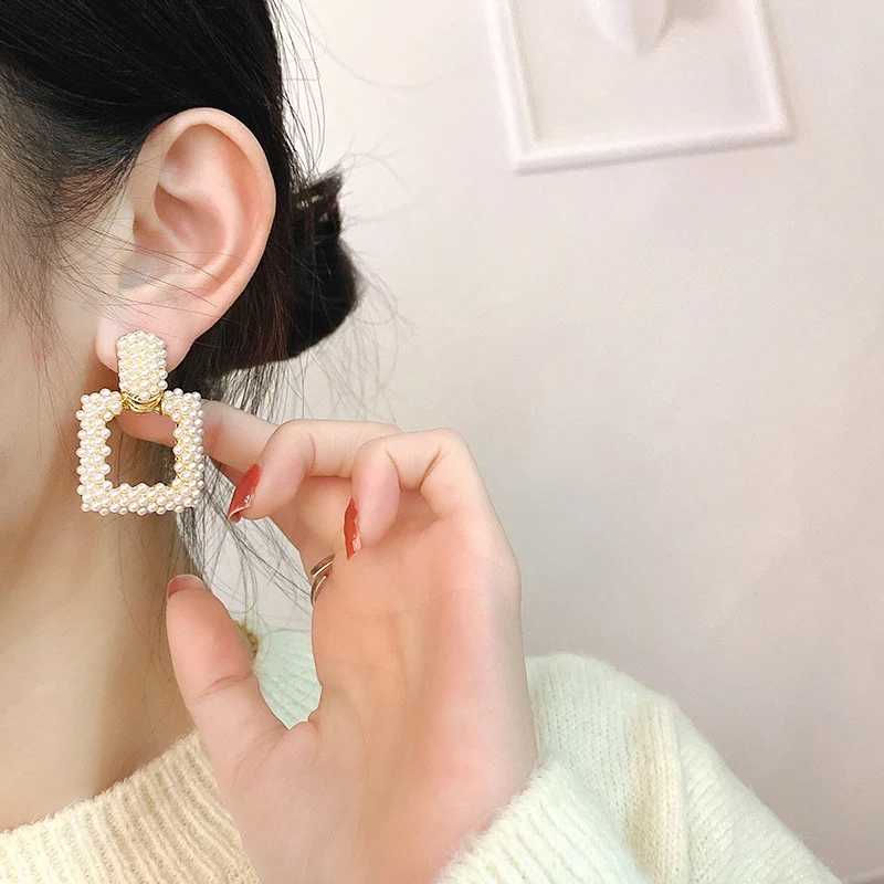 

docona Charms Love Heart Pearl Stud Earrings for Women Korean Sweet Square Geometric Earrings Female Party Jewelry Gift 18207