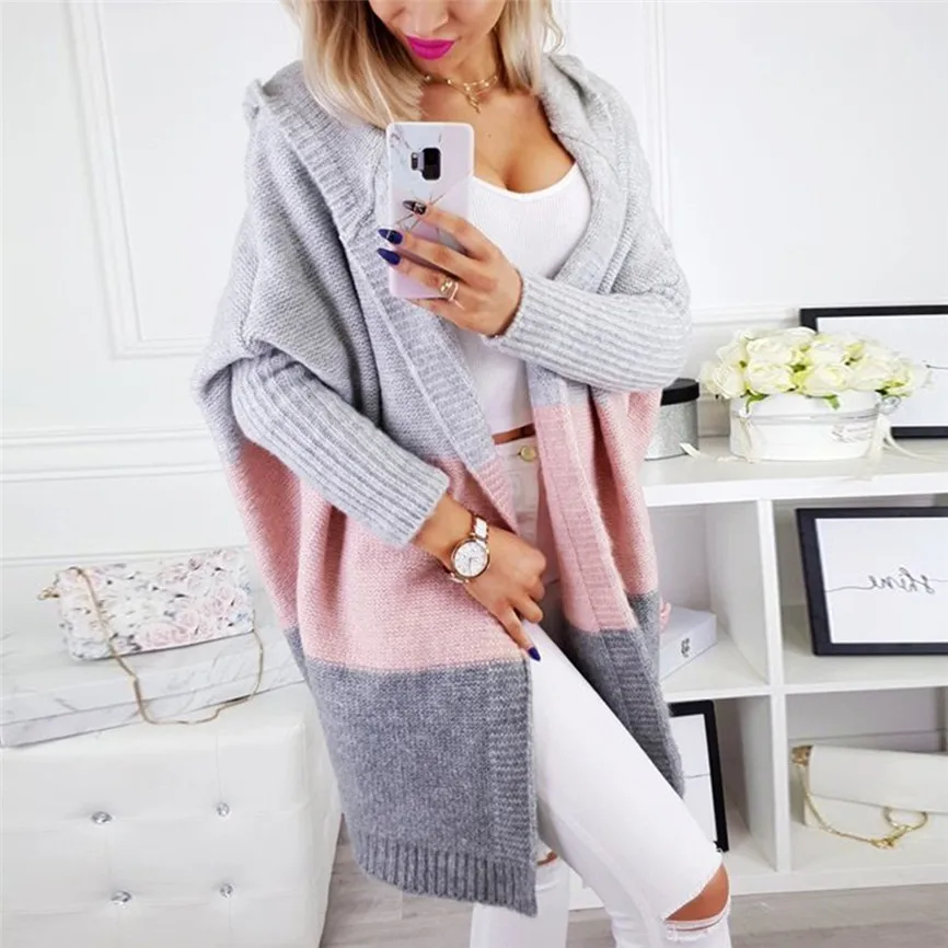 Вязаный кардиган свитер для женщин Повседневный в полоску с капюшоном длинным