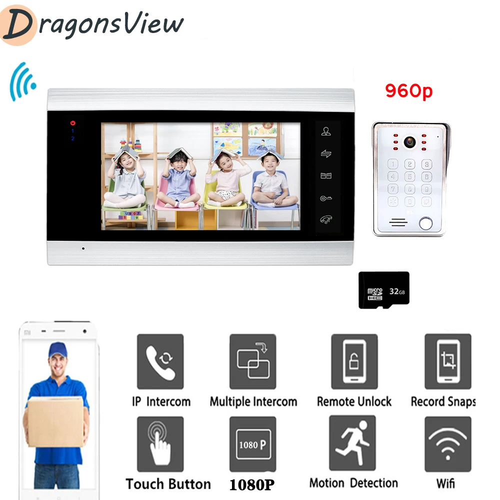 Видеодомофон DragonsView с поддержкой Wi-Fi беспроводной видеодомофон монитором 7