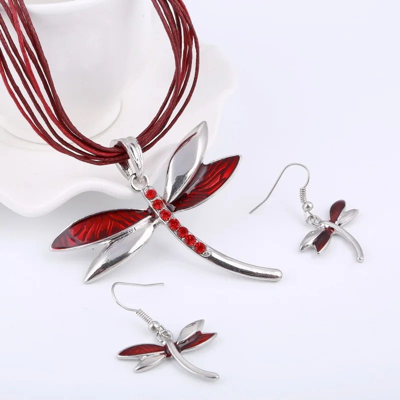 

Fashion Red Dragonfly Jewelry Sets for Women Gecko Animal Square Diamond Silver Plated Necklace Pendant&Dangle Earrings Gifts
