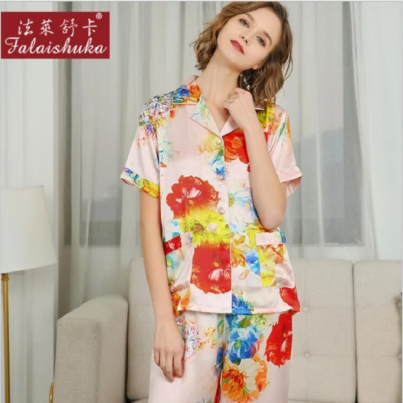 100% SilK Stain Pajamas Sets Women Floral Print Short Sleeve Summer Silk Homewear Sleepwears Sets 2020 Home Pyjama Sets