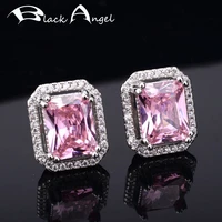 black angel 925 silver rectangle pink zircon stud earrings for women gemstone wedding fashion jewelry christmas gift