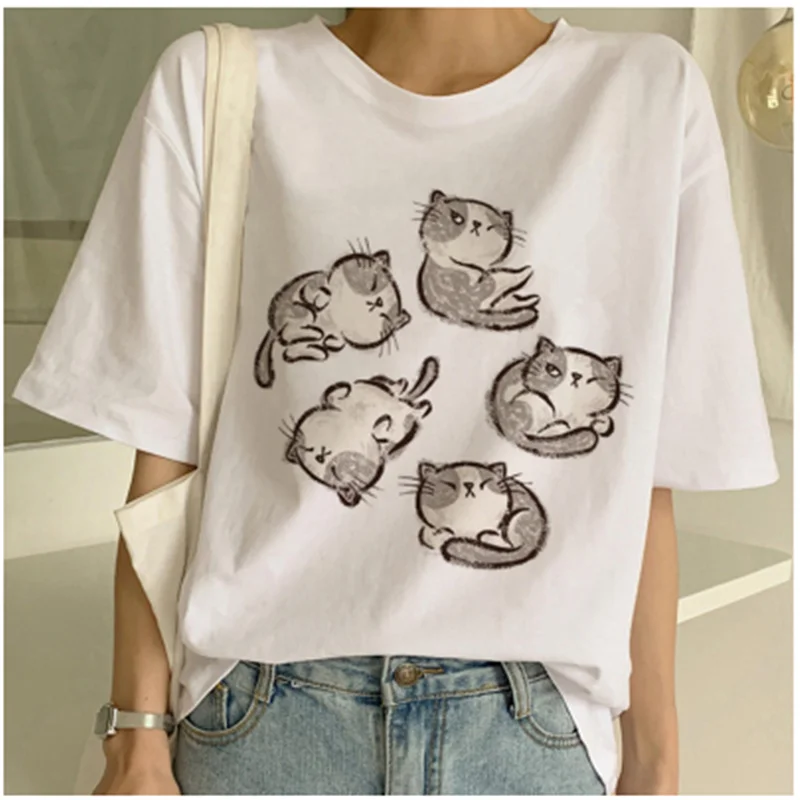 LINNA 2020 Kawaii забавный кот мультфильм футболка женская Ullzang Повседневная Милая 90s с