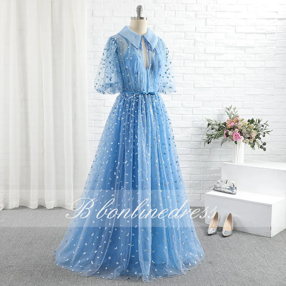 Бальное платье Bbonlinedress синее с высоким воротником коротким рукавом | Свадьбы и