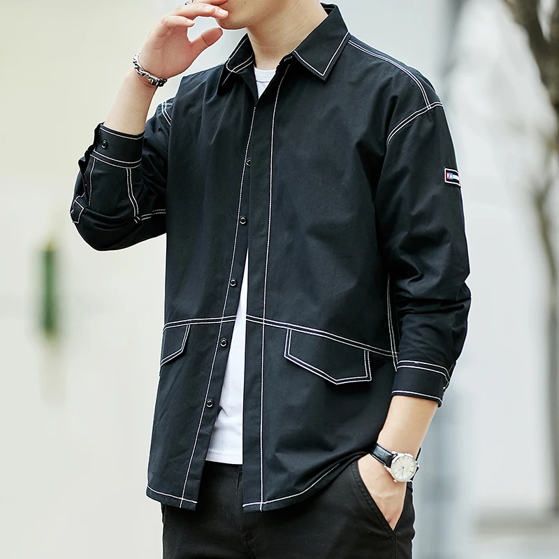 Мужская хлопковая рубашка в полоску однотонная промытая дышащая Повседневная