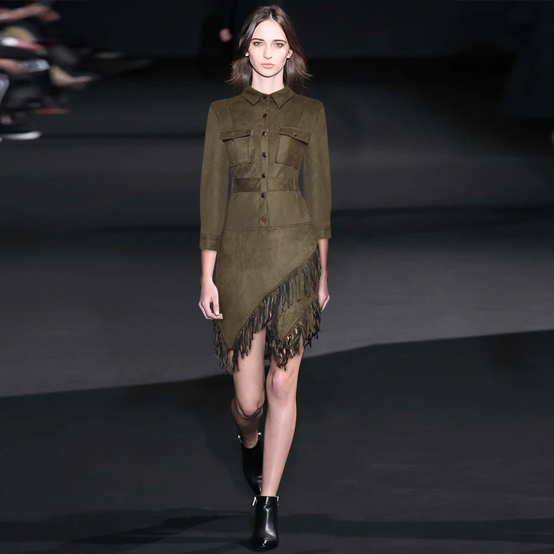 Женское однобортное Замшевое платье с отложным воротником и рукавом 2020|Женские