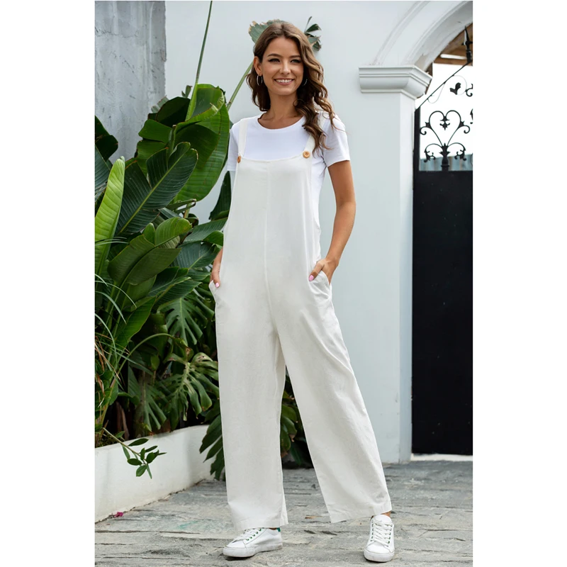 

Kayotuas Women Jumpsuit Summer Rompers White Overalls Loose Flare Playsuit Casual Straps Leotard With Pocket Wide Leg Trousers